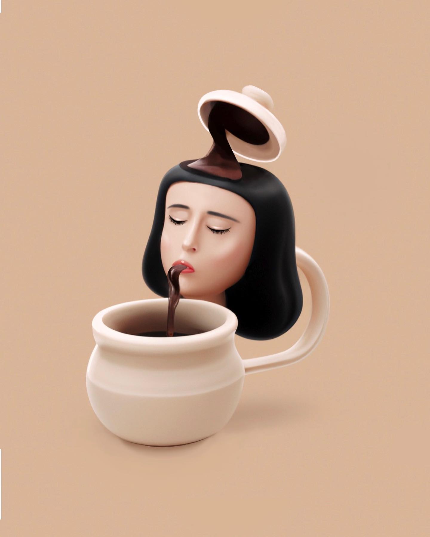 Coffee please. Digital art. Most of the 3D style comes from the generated image, but the face was messed up in a pretty horrible way.