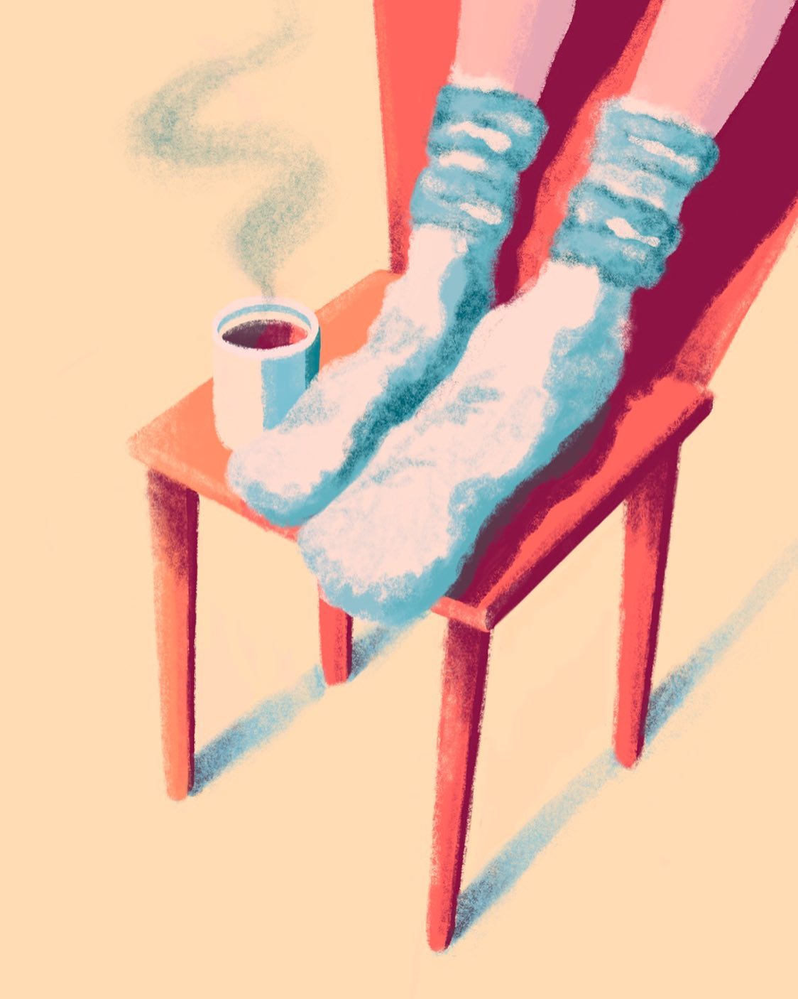 When I’m sick, I wear big fluffy socks and drink tea. If fluffy socks were to get sick, would they wear legs? Should also ask about tea. Digital art.