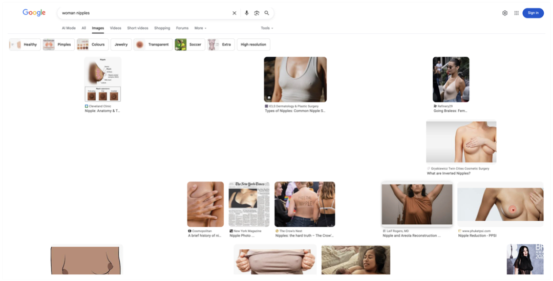 **36.1%** of women's nipples are considered safe. Of the 'safe' results, only three show an uncovered nipple, and it's an illustration. **Zero** percent of actual women's nipples made the cut. Screenshot taken on Oct 15 2025.