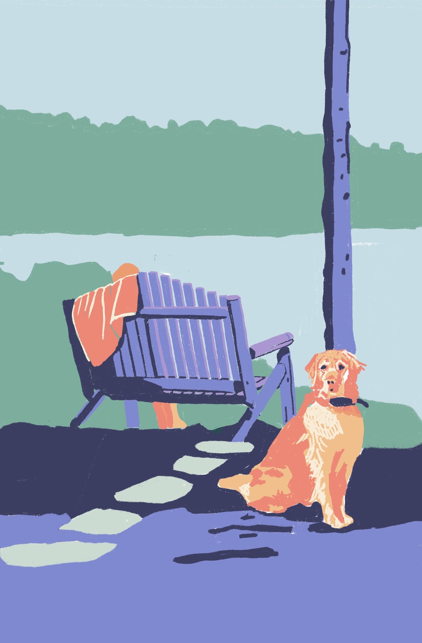 A dog, a bench, 2025. Digital painting.