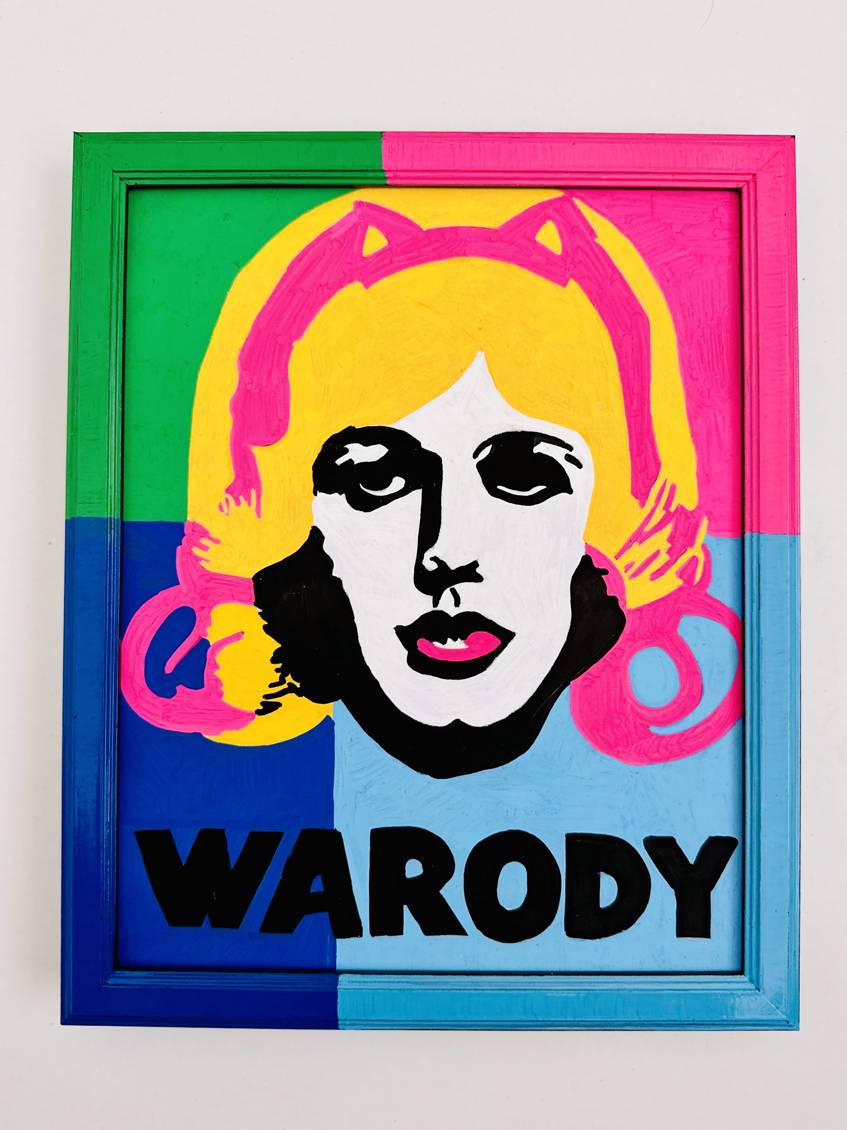 A warody is a parody of an Andy Warhol. I took each generated image, cleaned it up and painted it, along with its frame, with acrylic pens.